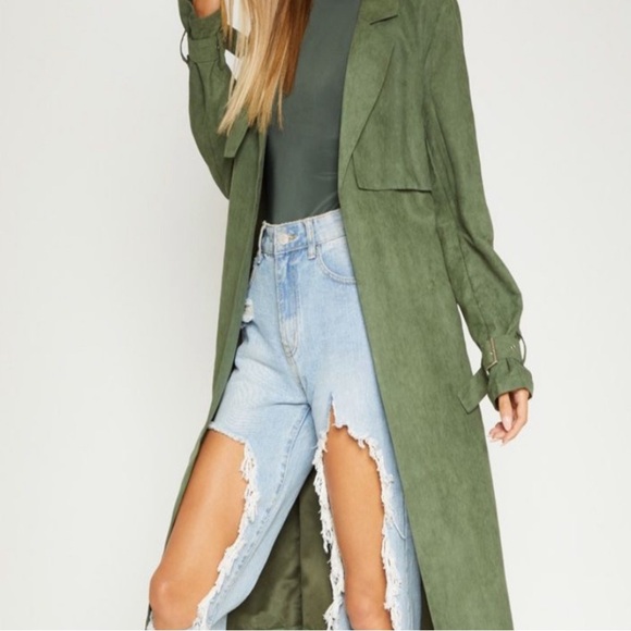 Olive Green trendy trench. Wear open or tied. NWOT. Size 6. Never worn. - Picture 3 of 3